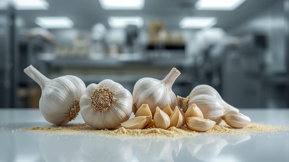Beautiful looking garlic bulbs, cloves and garlic powder in an industrial kitchen..jpg