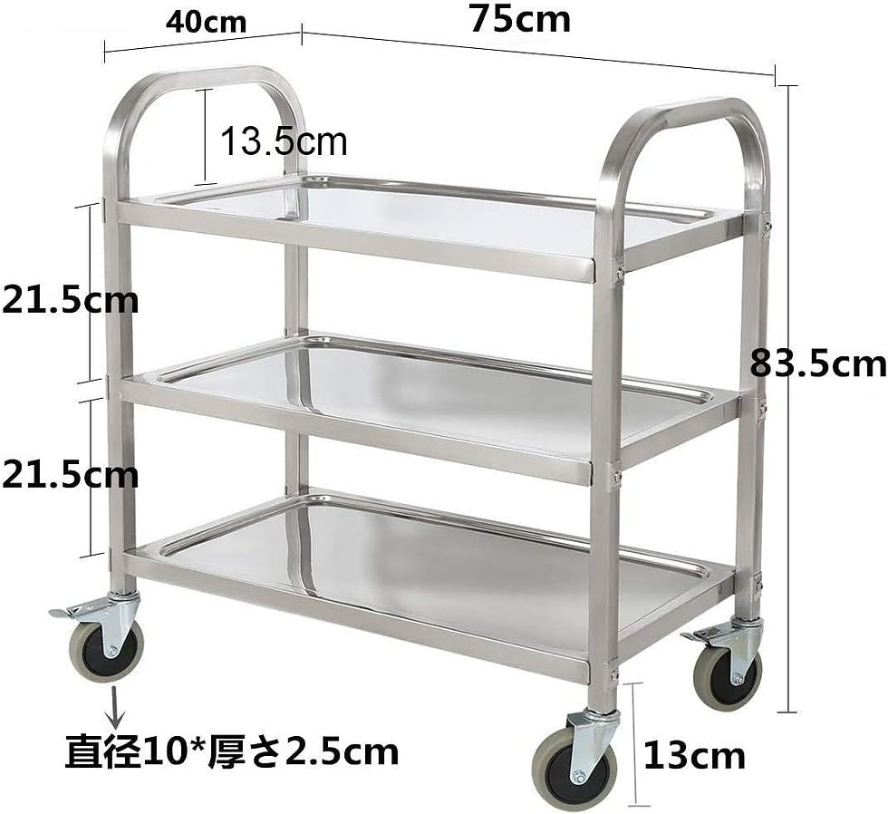 サムネイル： 収納 ワゴン ステンレスワゴン 3段 75*40*83.5cm 棚板 キャスター付き