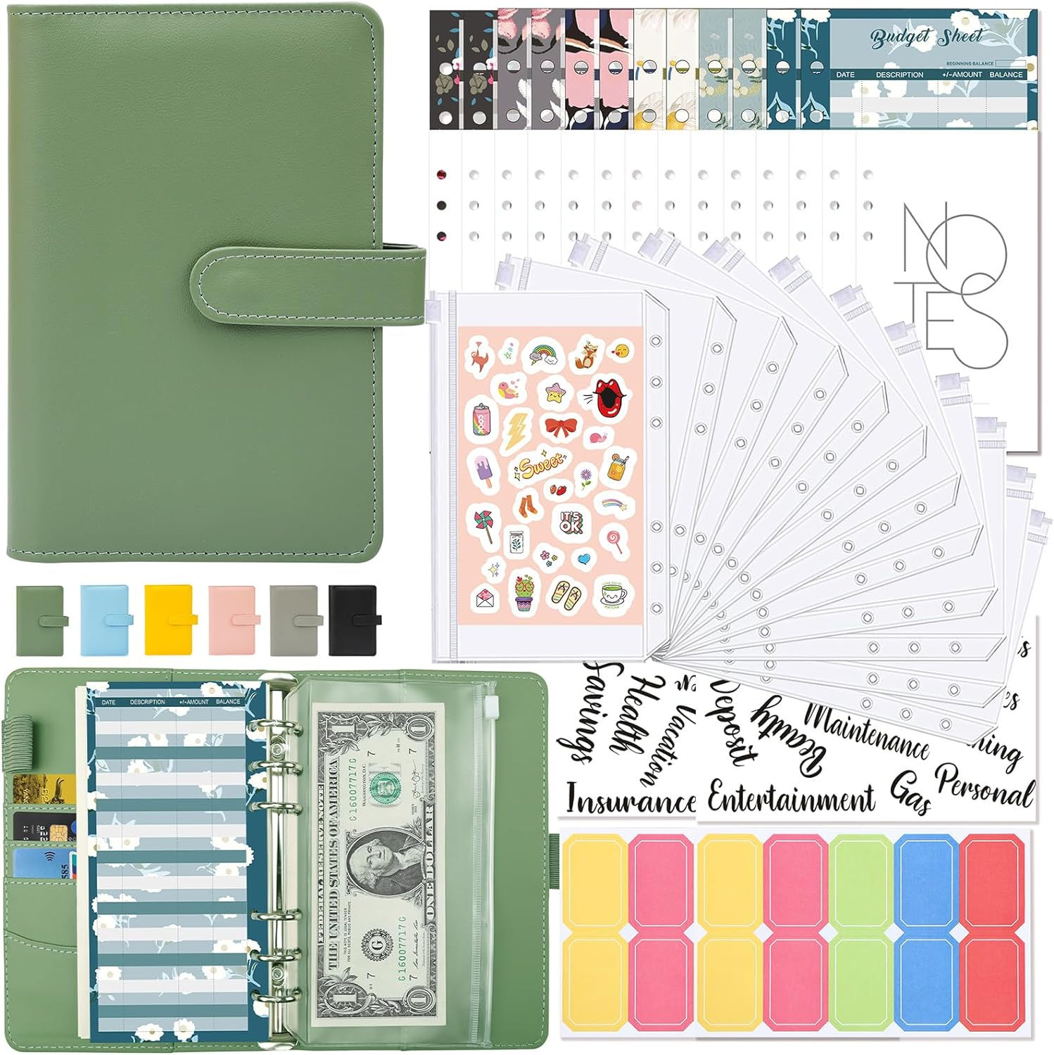 A6 家計管理 ポーチ 6穴 PUレザー(グリーン)