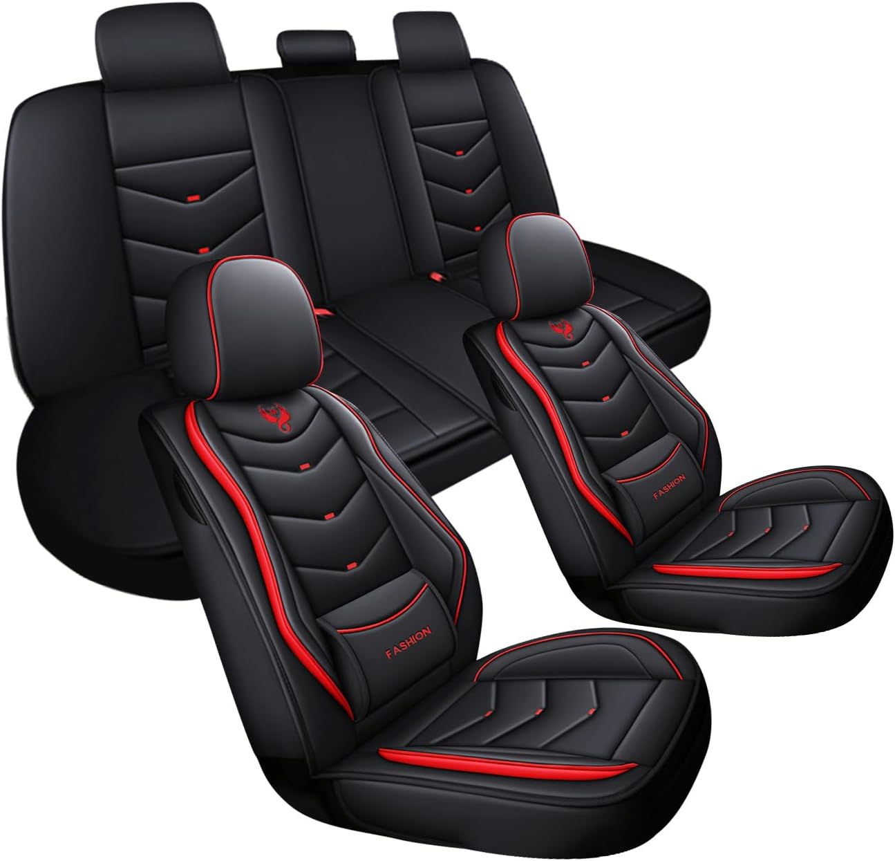 車 シートカバー 汎用 フルラップアラウンドレザー 通気性 (ブラックレッド)