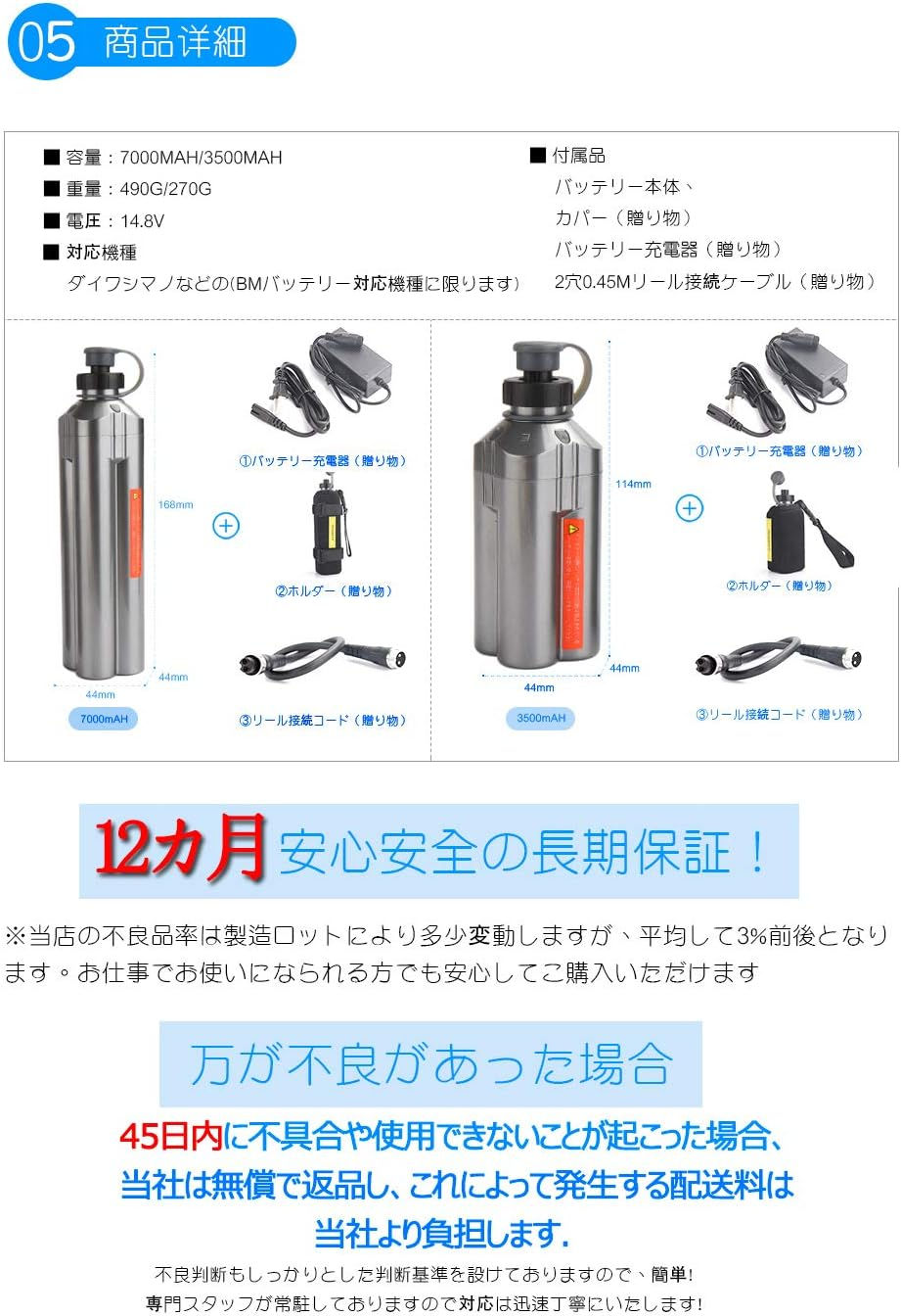 サムネイル： 電動リール用 スパーリチウムバッテリー 14.8v 充電器 ホルダー 付き