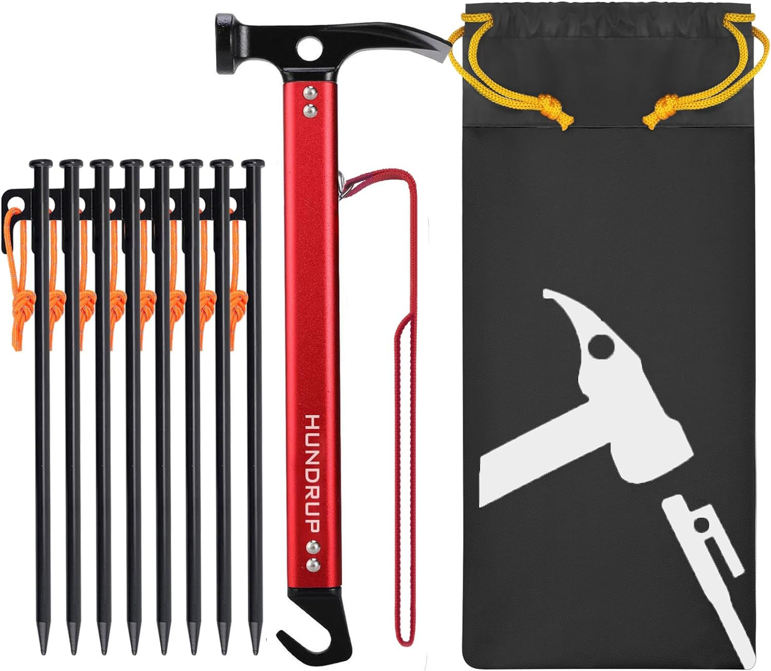 (ペグハンマー/30cmペグ 8本+ハンマーセット) キャンプハンマー 鍛造ペグ 反射材入りロープ付き