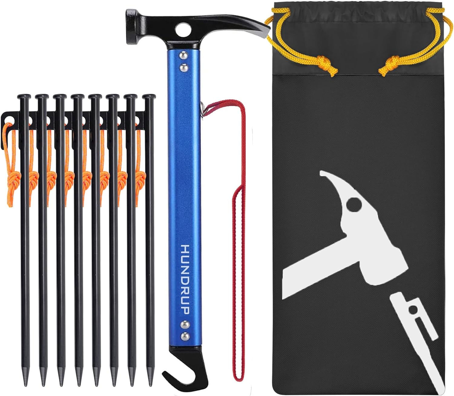 (ペグハンマー/30cmペグ 8本+ハンマーセット) キャンプハンマー 鍛造ペグ 反射材入りロープ付き