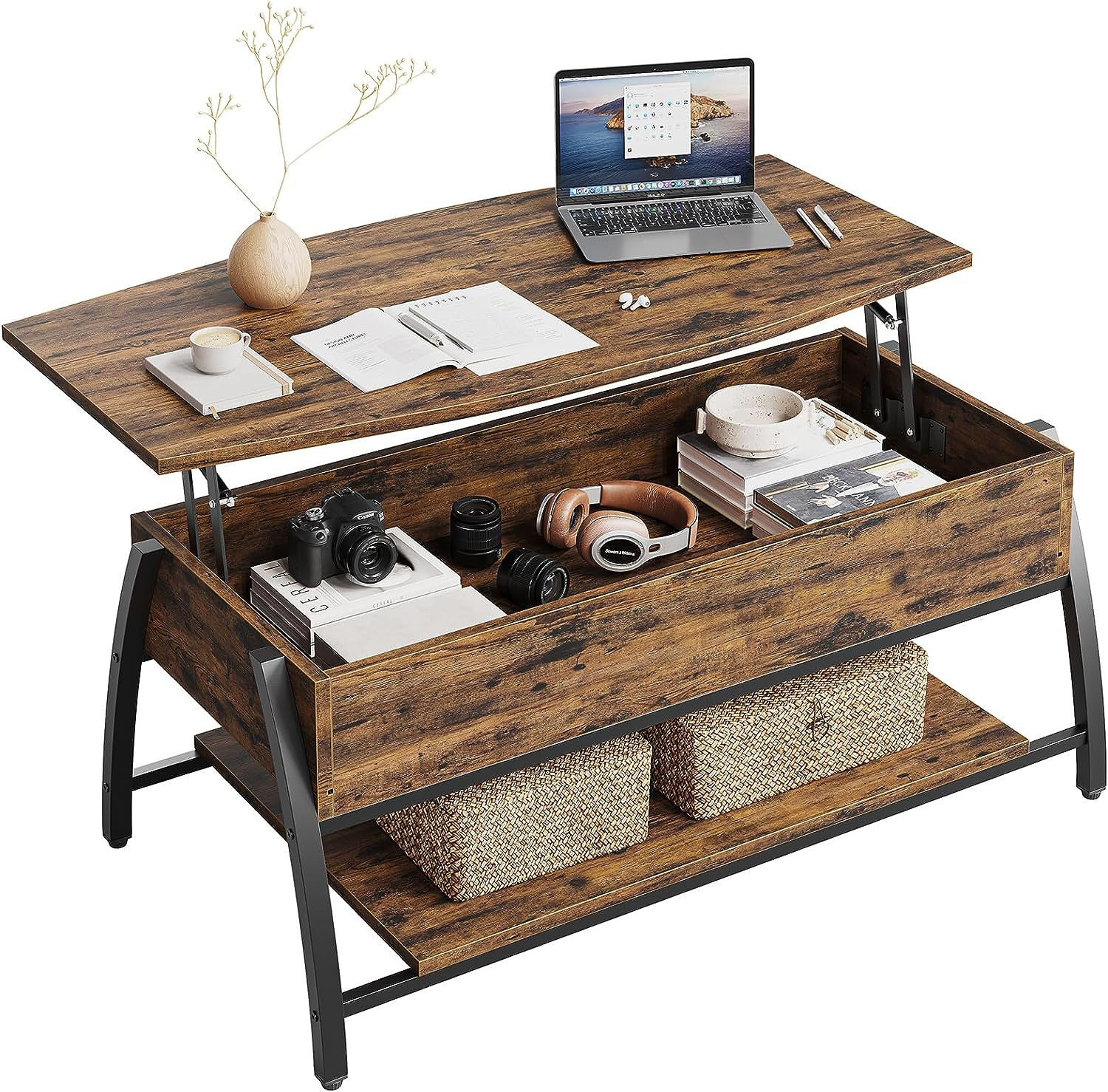 ローテーブル 昇降式  幅106 (木製シェルフ収納・ブラウン)