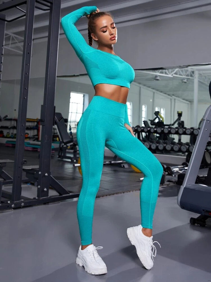 Thumbnail: Women’s Seamless Gym Set 2 Piece – Long Sleeve Crop Top & High Waist Scrunch Leg