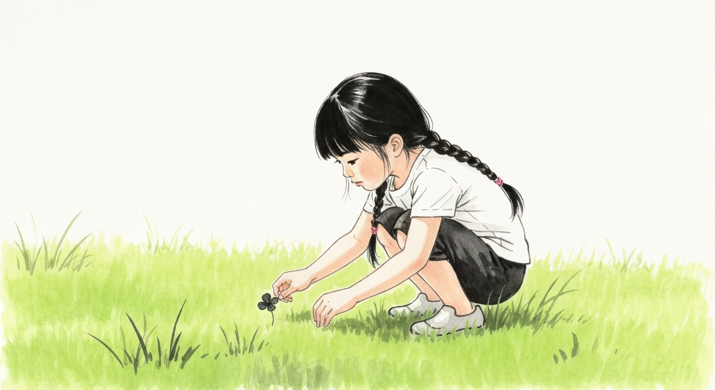 四つ葉のクローバーをしゃがんで探す子ども(墨絵)