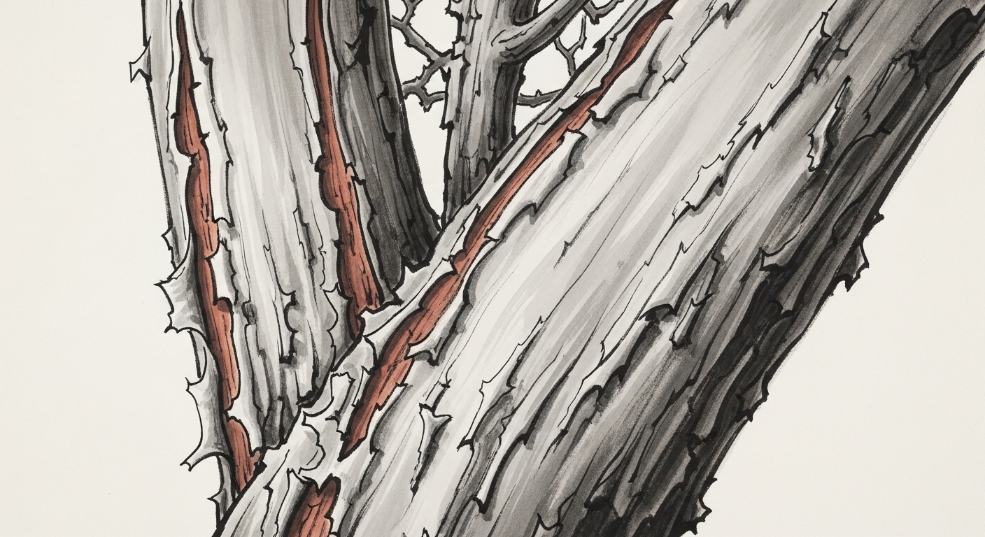 Smooth peeling bark of Sarusuberi crape myrtle illustrated in Japanese sumi-e style