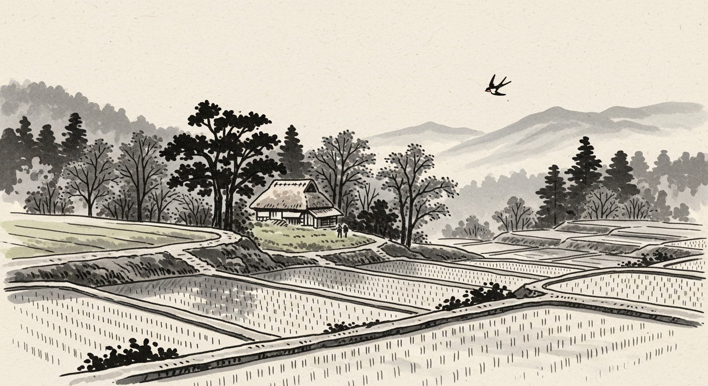 人と自然が寄り添う里山の風景 棚田と雑木林 墨絵