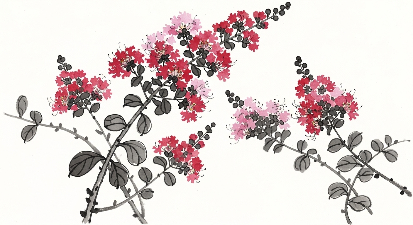 Crape myrtle Sarusuberi flowers illustrated in sumi-e ink brush style