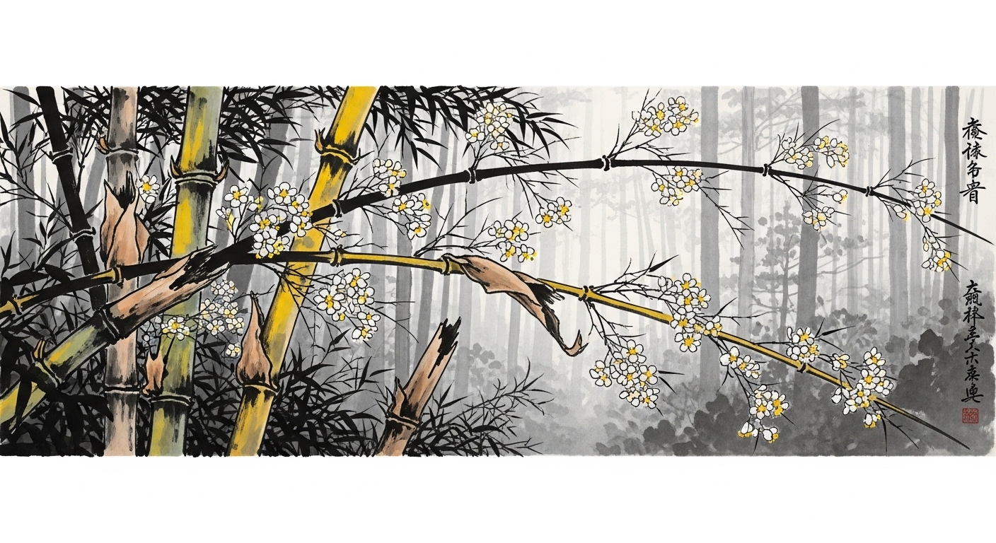 Sumi-e ink wash painting of Henon bamboo in bloom — the once-in-120-years flowering cycle depicted in Japanese brush art