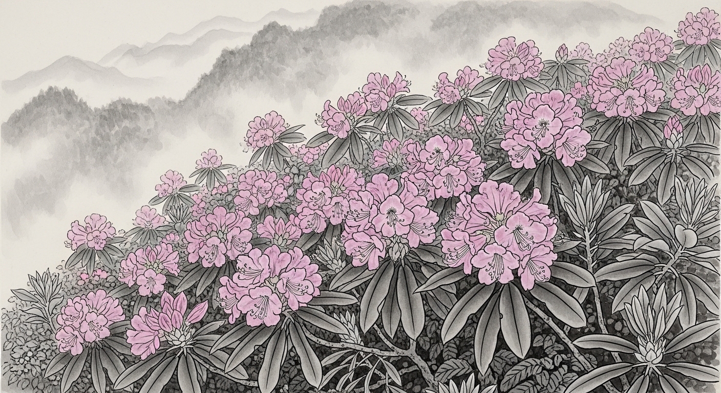 シャクナゲ 水墨画スタイル 高山植物 霧 剪定屋空