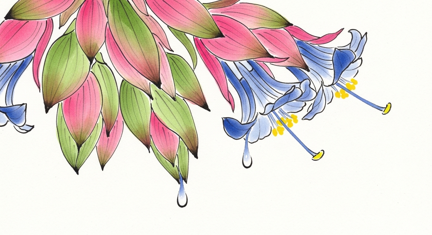 ヨウラクツツアナナスの花 青い花びらと蜜の雫 墨絵