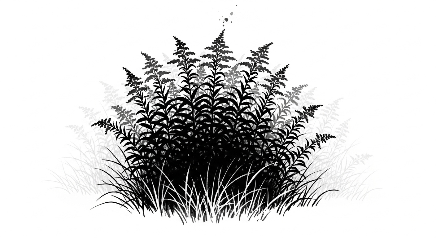 セイタカアワダチソウのアレロパシー 群落化と他植物抑制 墨絵