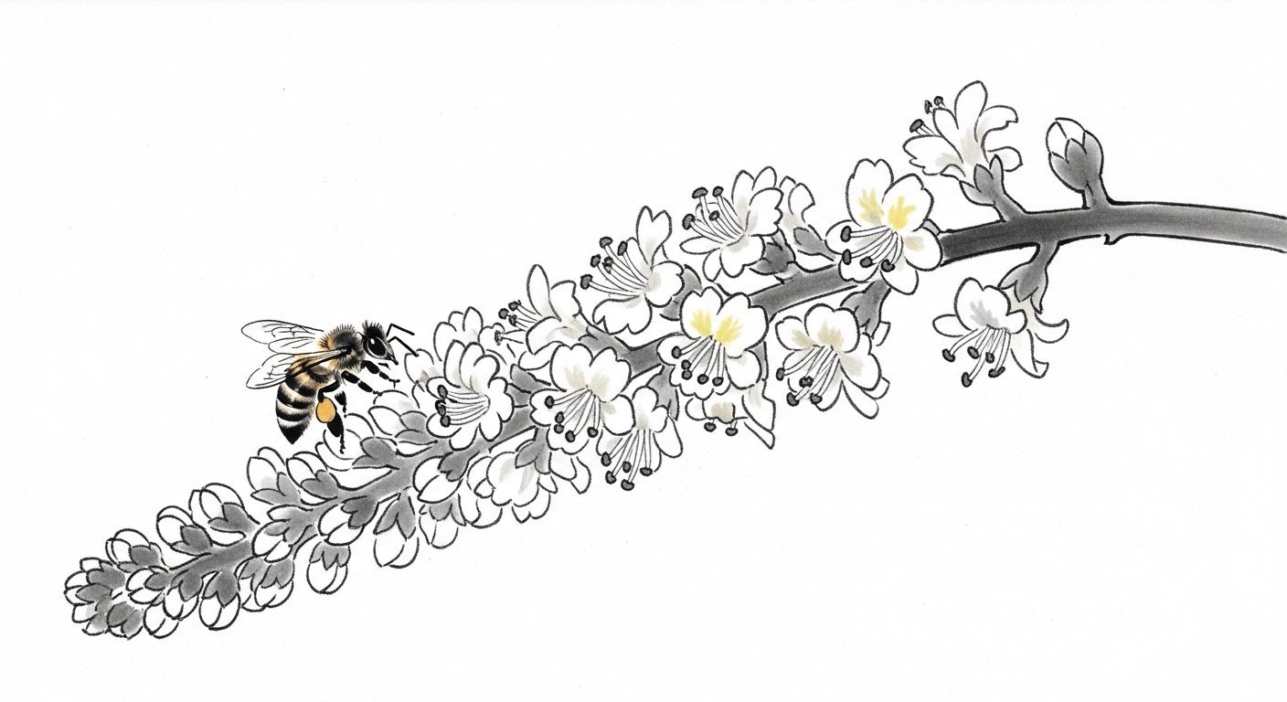 ハチがクリの花穂に集まる様子　花粉を媒介する昆虫の生態