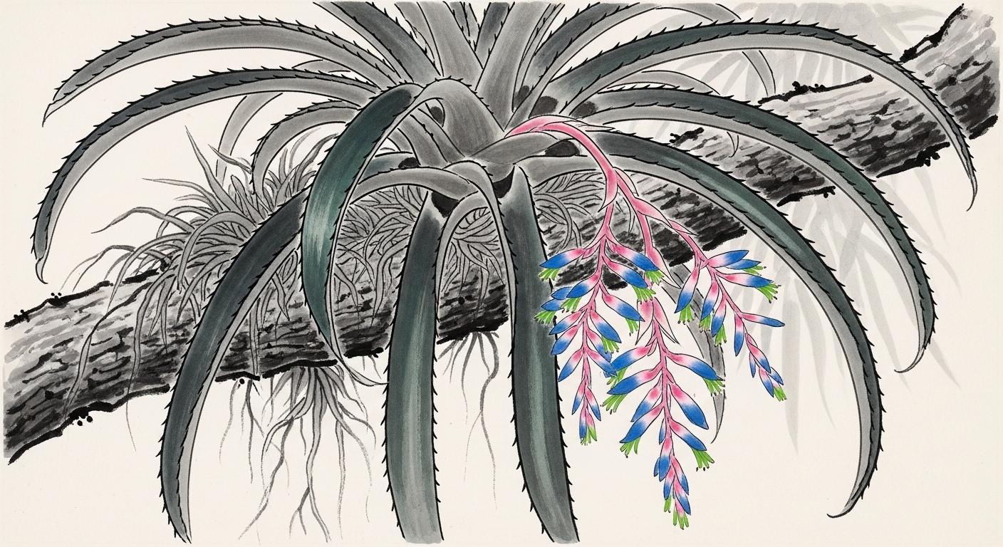 ヨウラクツツアナナス 垂れ下がる花序と縦長の葉 墨絵