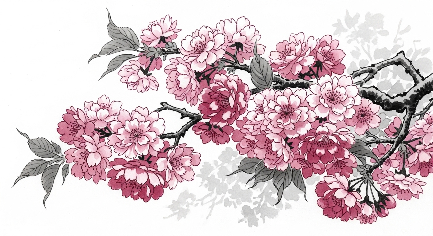 八重桜 関山 水墨画スタイル 豪華 剪定屋空