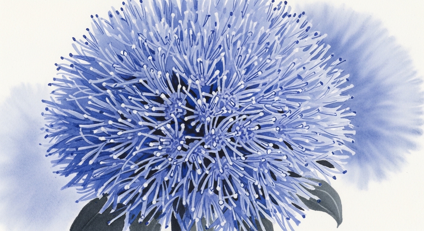 アゲラタムの花のクローズアップ — 水墨画風イラスト