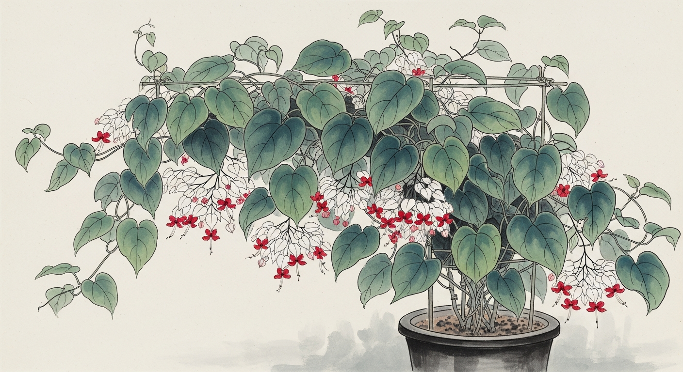 ゲンペイカズラのつる仕立て 鉢植えで育てる様子 墨絵