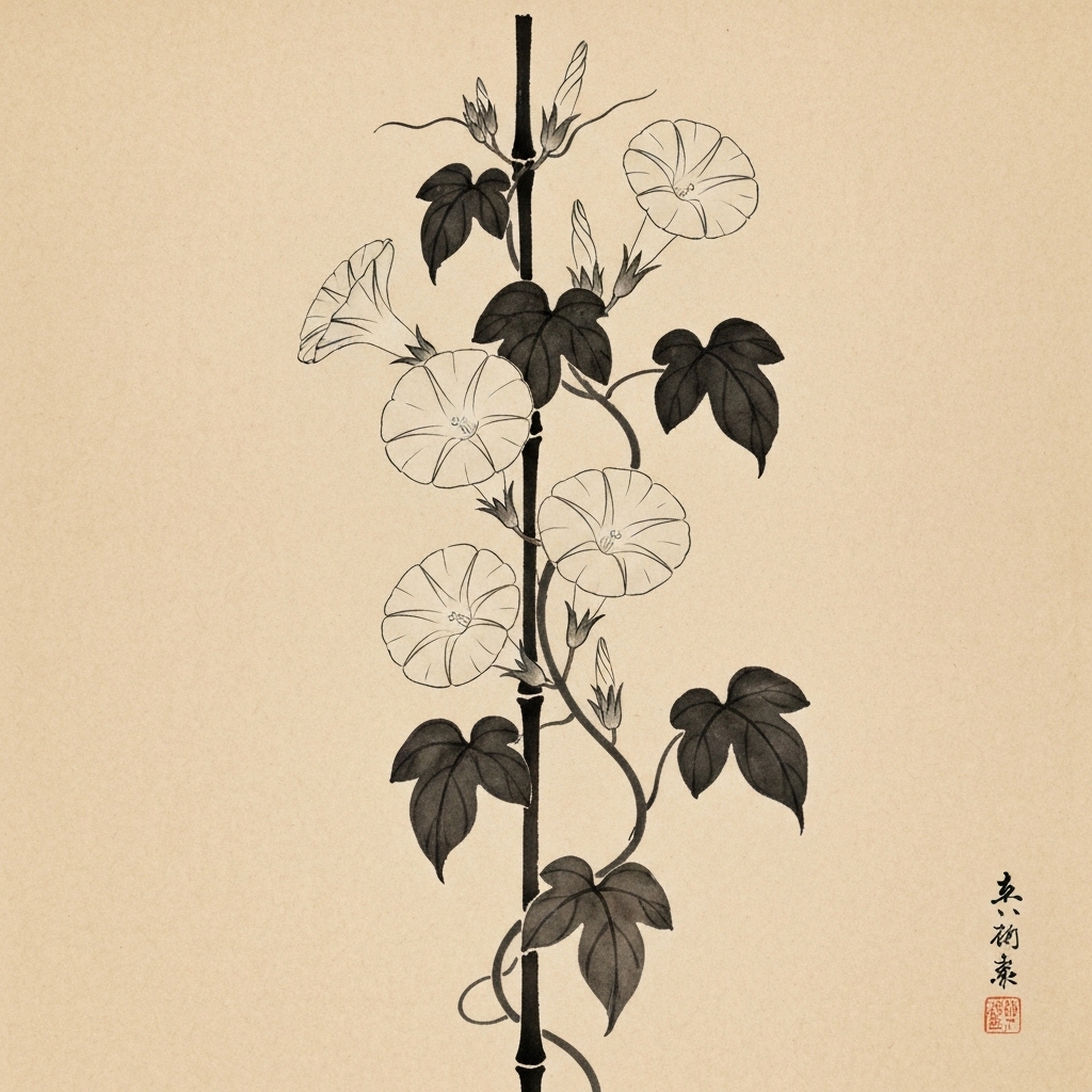 ソライロアサガオのツルと花 墨絵