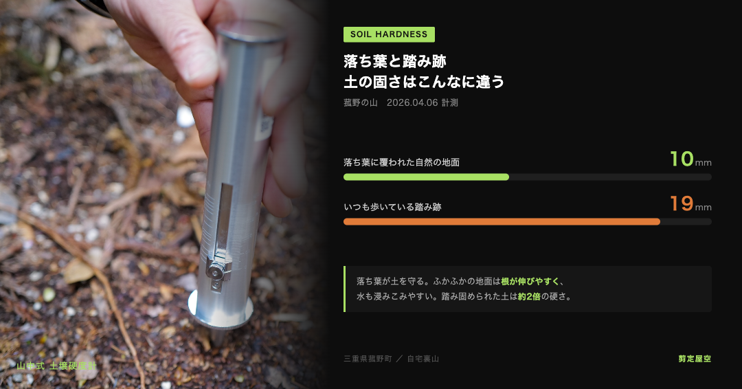 菰野町の山での実験。落ち葉に覆われた地面10mm・踏み跡19mmと、踏圧だけで約2倍の硬さになる。