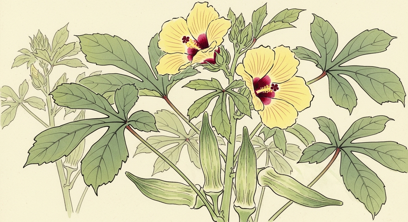 オクラの花 水墨画スタイル アオイ科 剪定屋空
