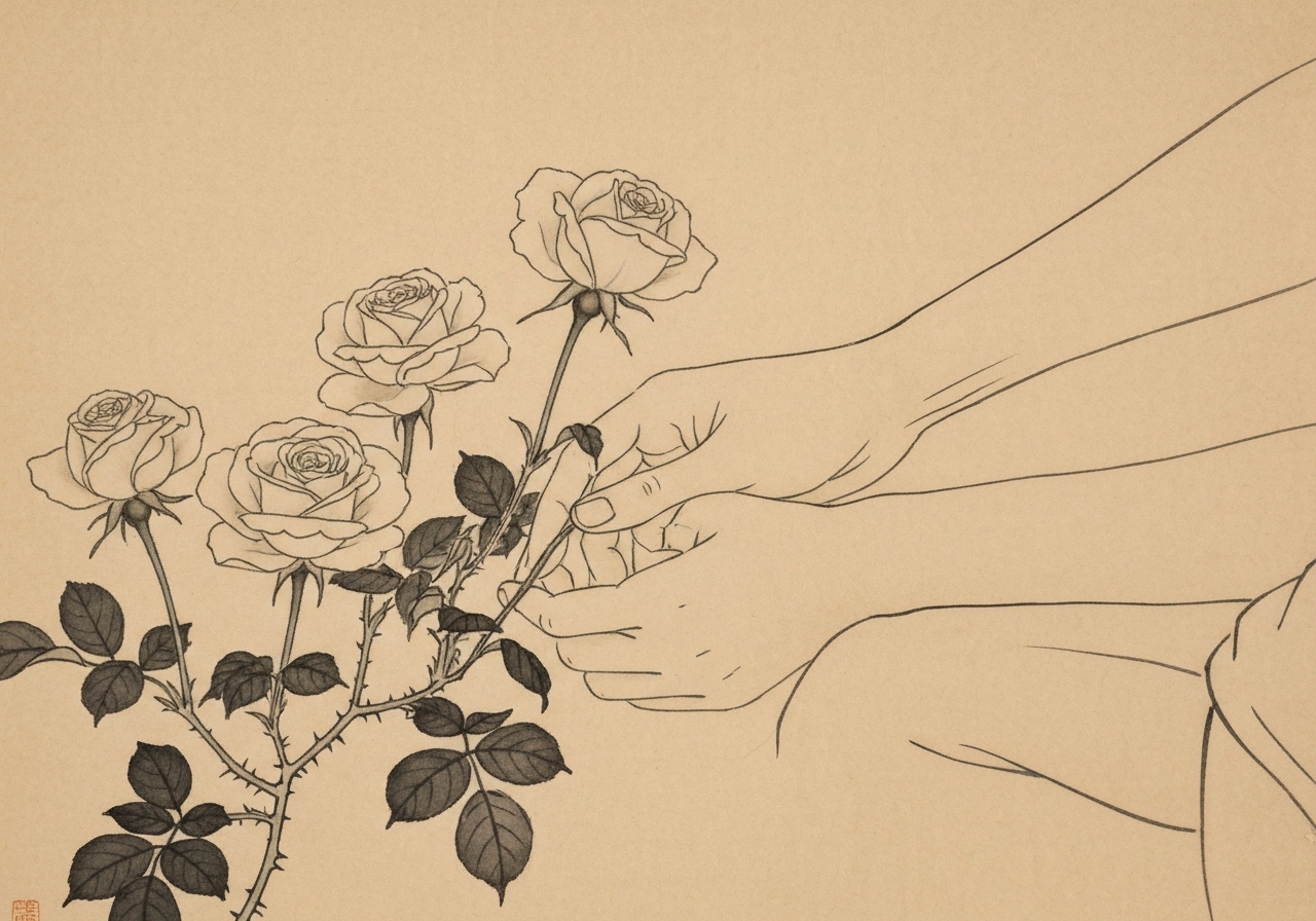 バラ 庭 墨絵 植物と時間