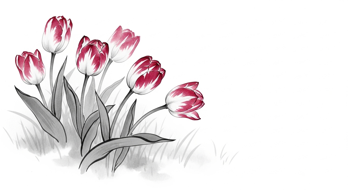 Tulip flowers in spring garden illustrated in sumi-e ink style
