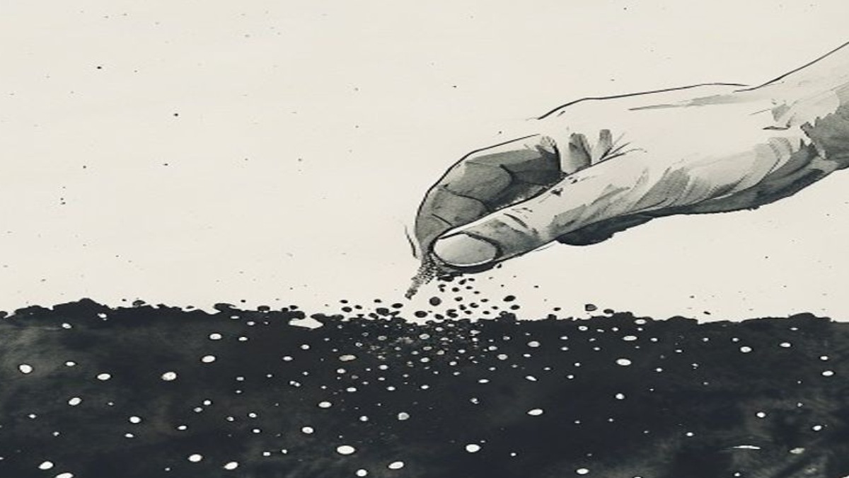 土に種をまく手の墨絵 コスモスの種まき 剪定屋空