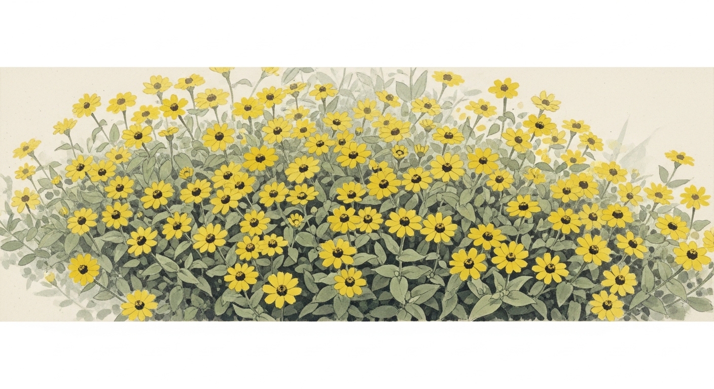 サンビタリアが夏の花壇に群れ咲く様子 — 水墨画風イラスト