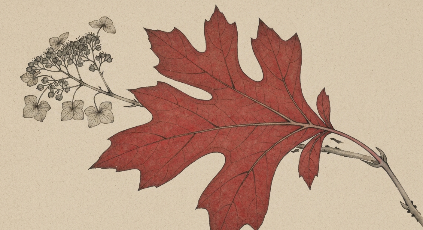 カシワバアジサイ 秋の紅葉した葉と花穂 水墨画イラスト 剪定屋空