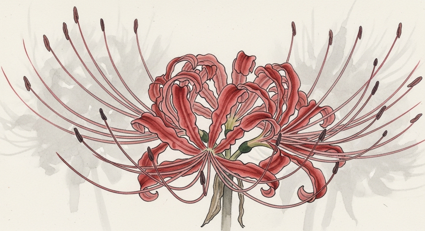 ヒガンバナの花のクローズアップ — 水墨画風イラスト