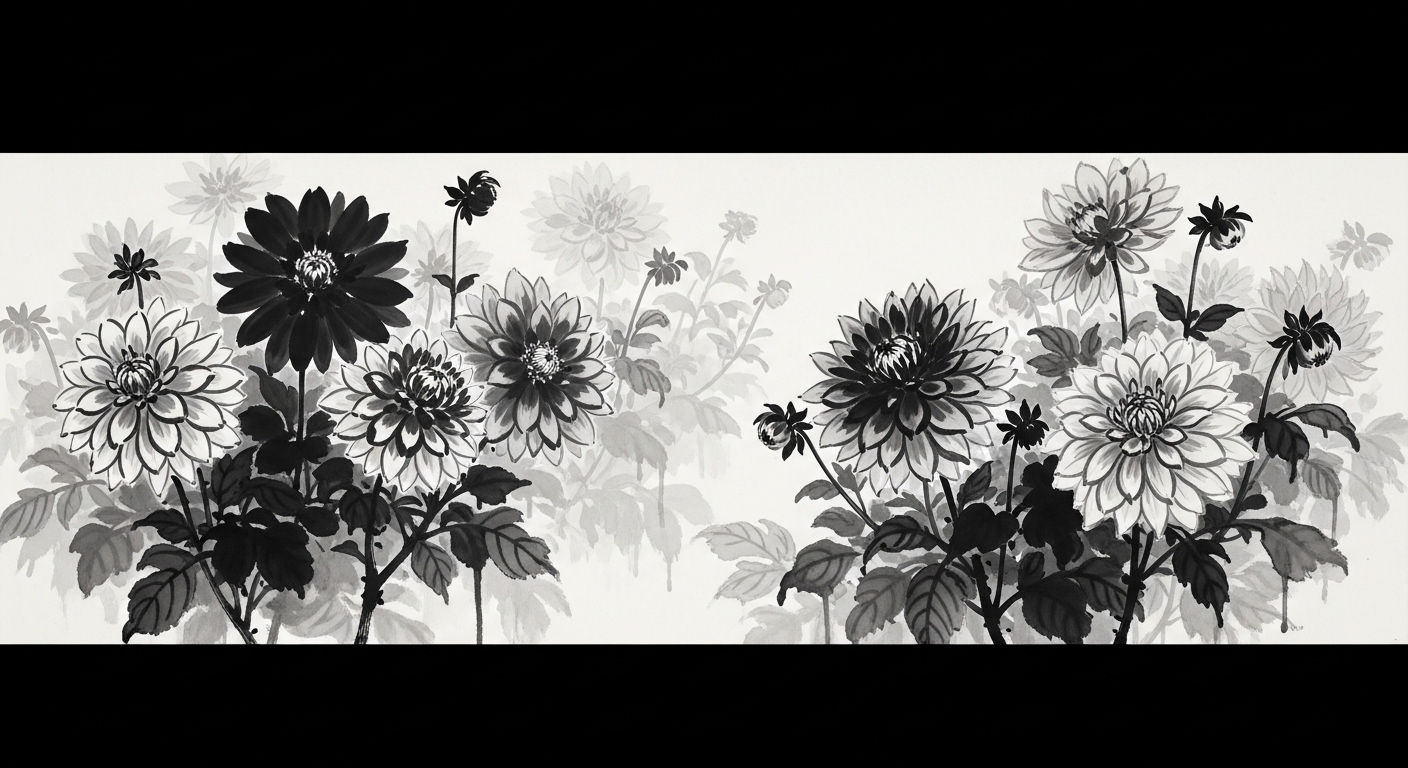 ダリア 庭 墨絵 日本画風