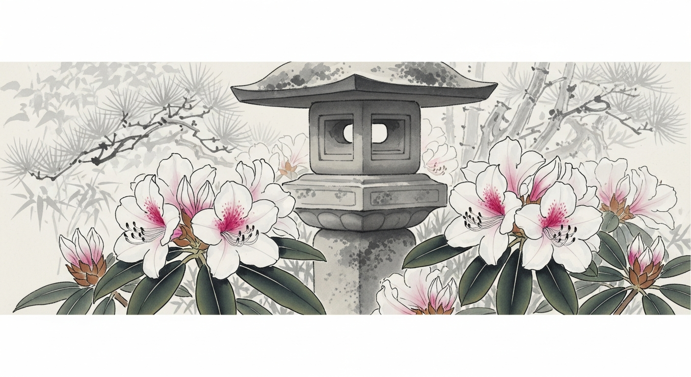 ホンシャクナゲ 墨絵 日本庭園と石楠花 剪定屋空