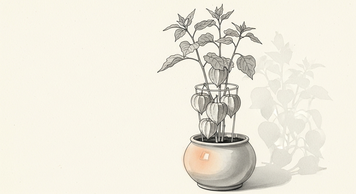 ホオズキ 鉢植え 提灯 墨絵