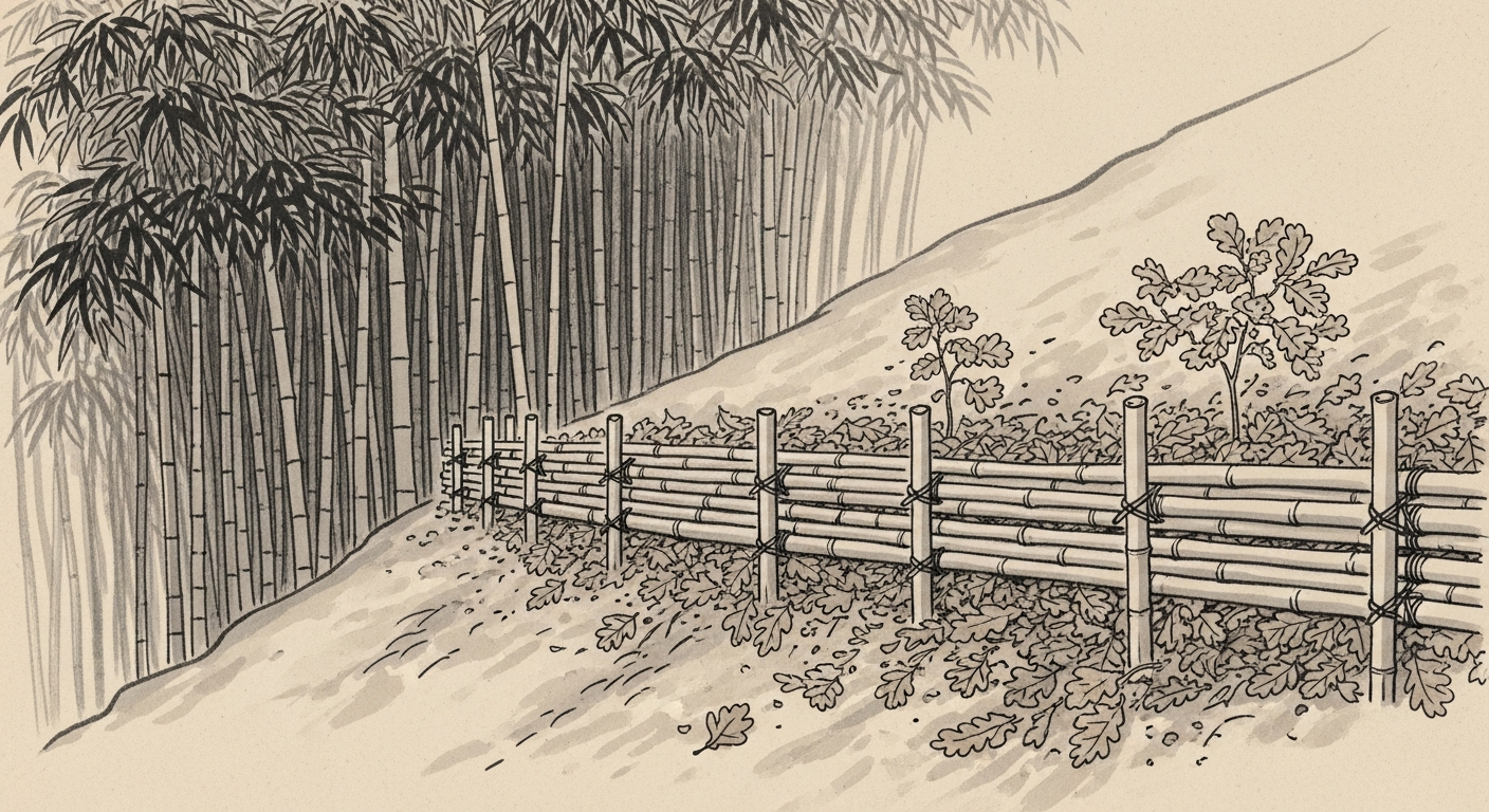 竹林から広葉樹へ移り変わる斜面としがらの土留め 墨絵