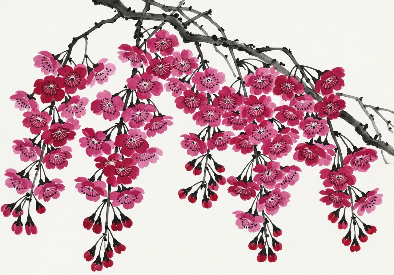八重寒緋桜の水墨画イラスト 剪定屋空