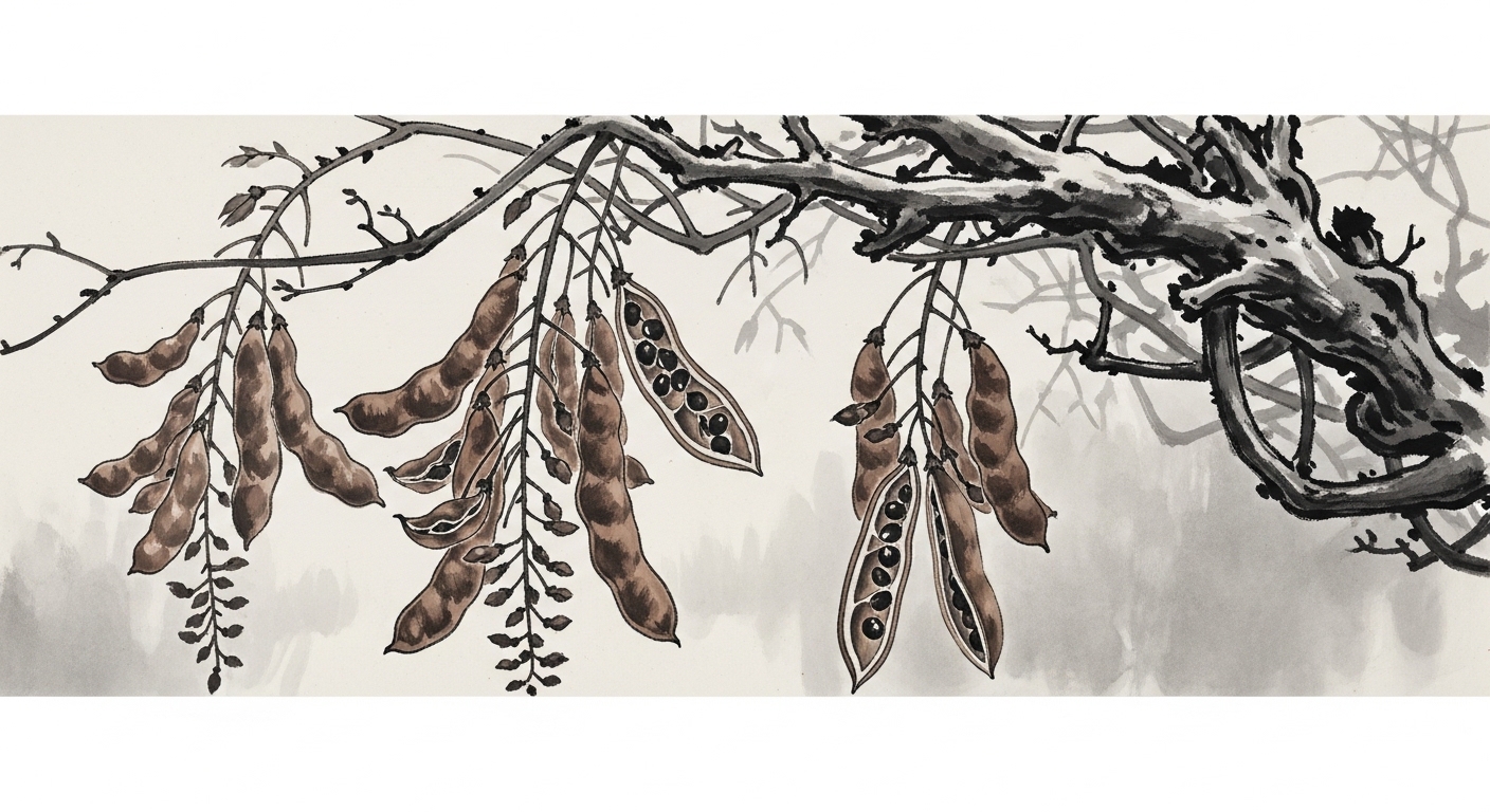 晩秋に乾燥して弾ける直前の藤の実(豆のサヤ)墨絵イラスト