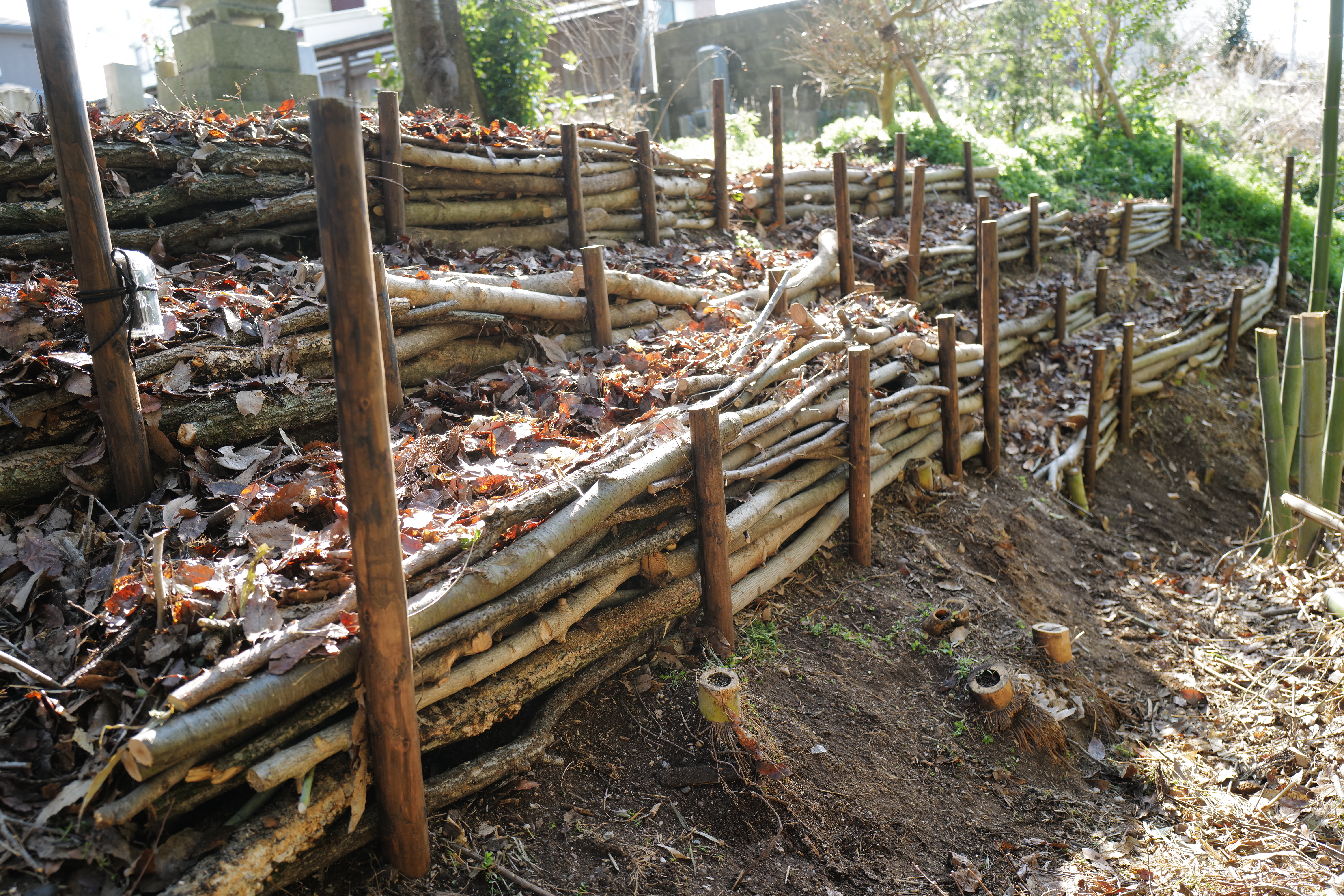Completed shigara slope stabilization at Hoiji Temple — woven branch structure retaining eroded bamboo slope