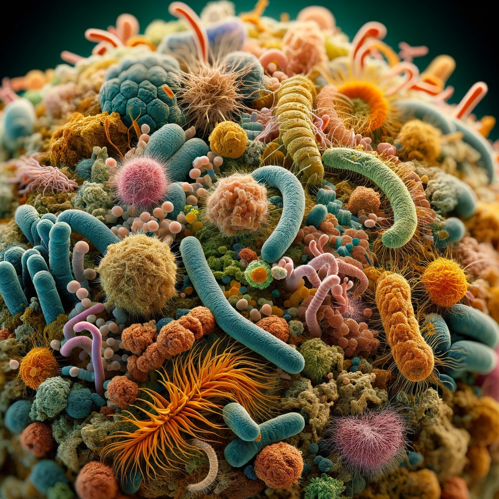 Diverse soil microorganisms — bacteria, fungi, and actinomycetes that form the foundation of soil biodiversity and ecosystem health