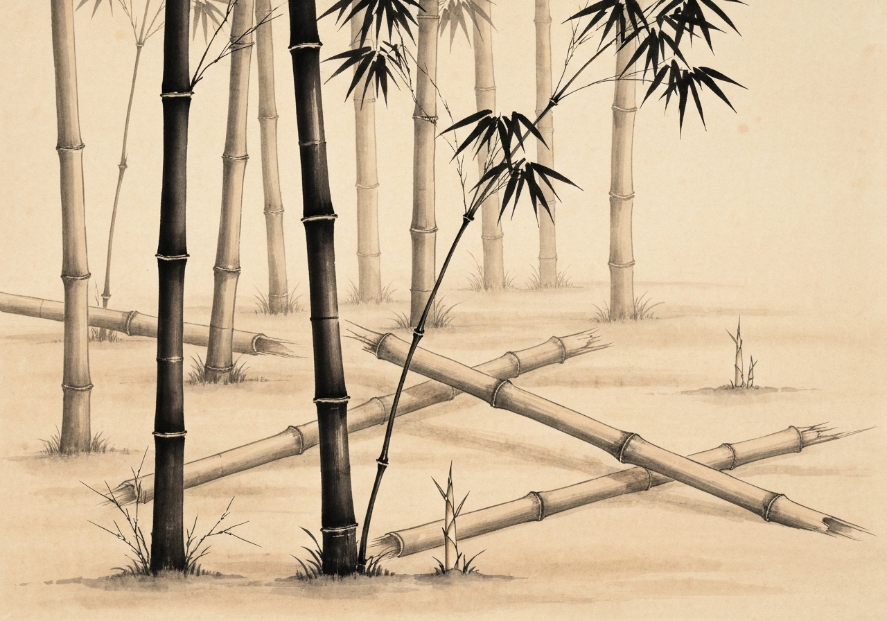 竹 枯れた後の再生 新芽 墨絵