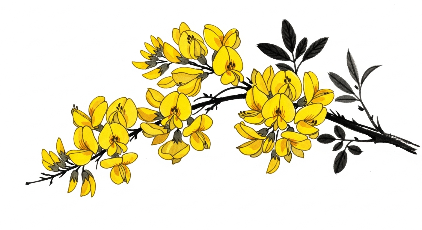 エニシダの蝶形花のアップ 墨絵