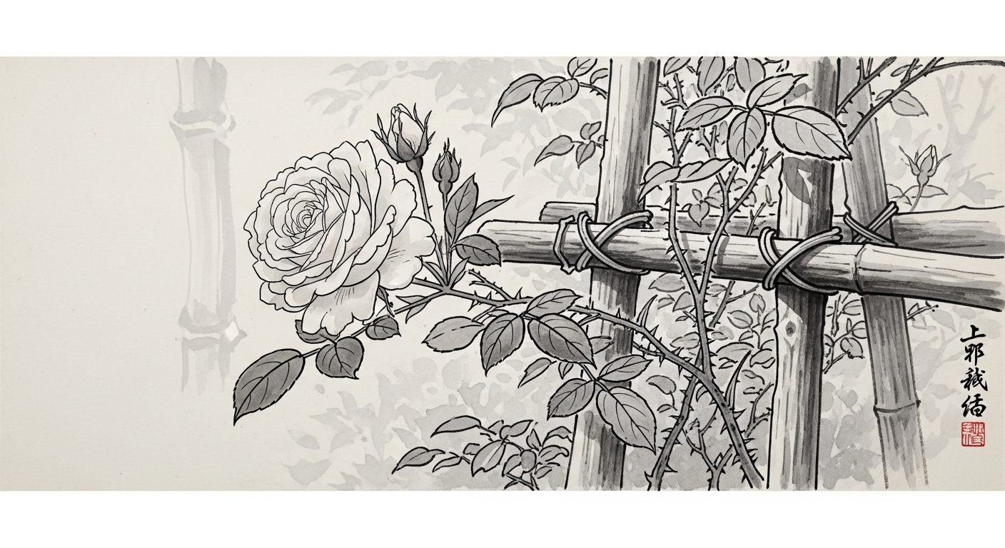 5月の一番花が咲く庭バラ。つるバラが朝の光に向かって開いている水墨画イラスト