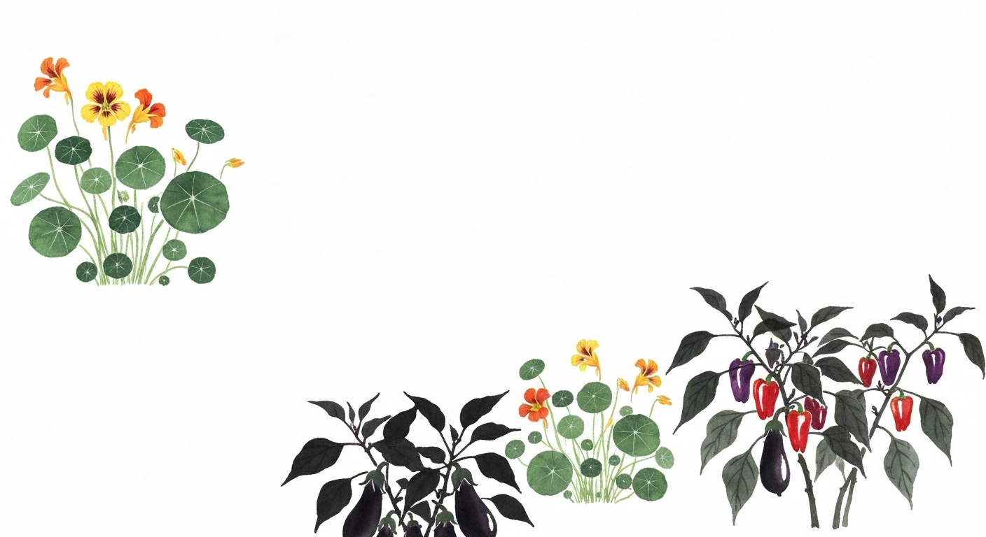ナスタチウムと夏野菜のコンパニオンプランツ配置イメージ(墨絵)