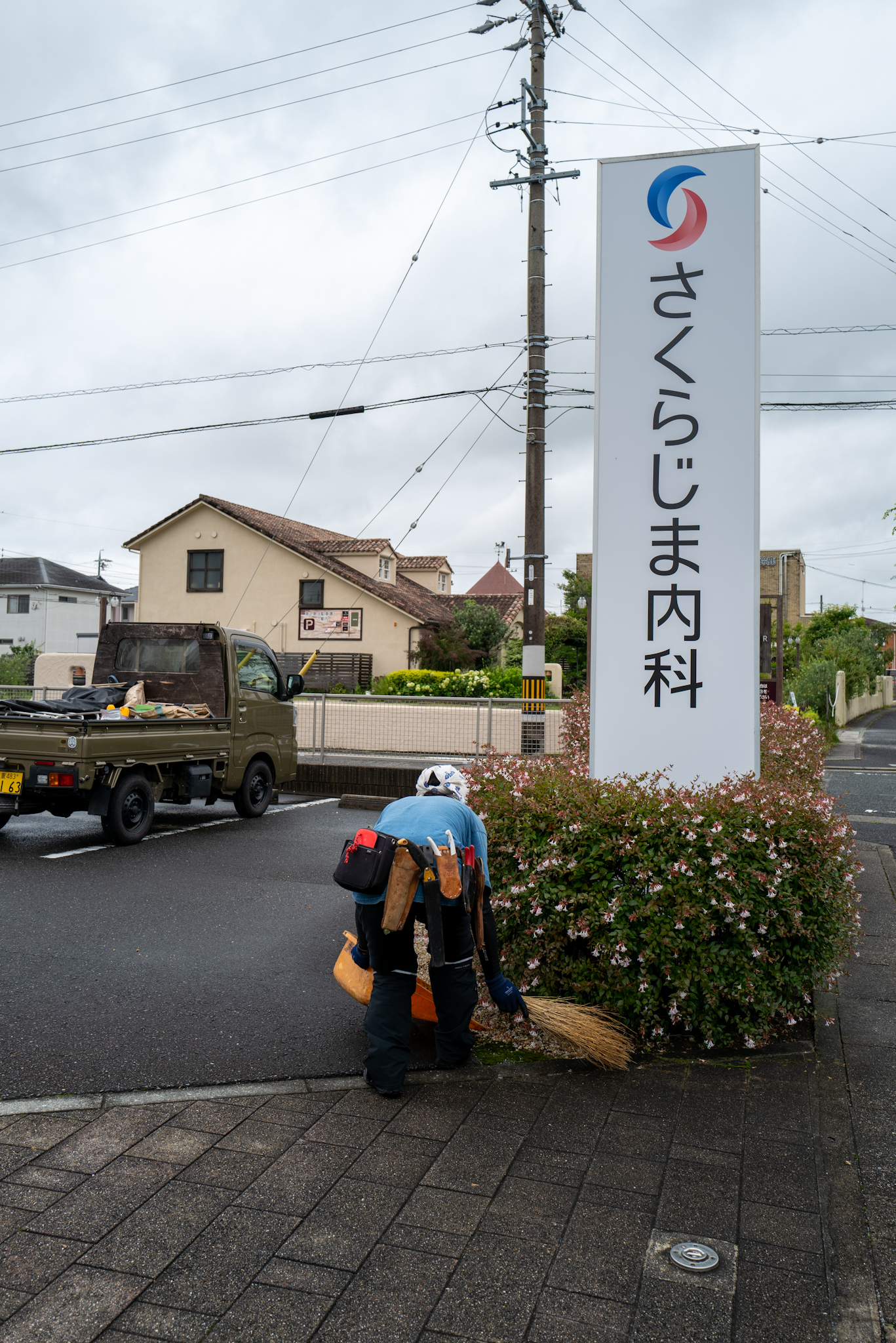 さくらじま内科様 新しい看板とアベリアの生垣、清掃の様子