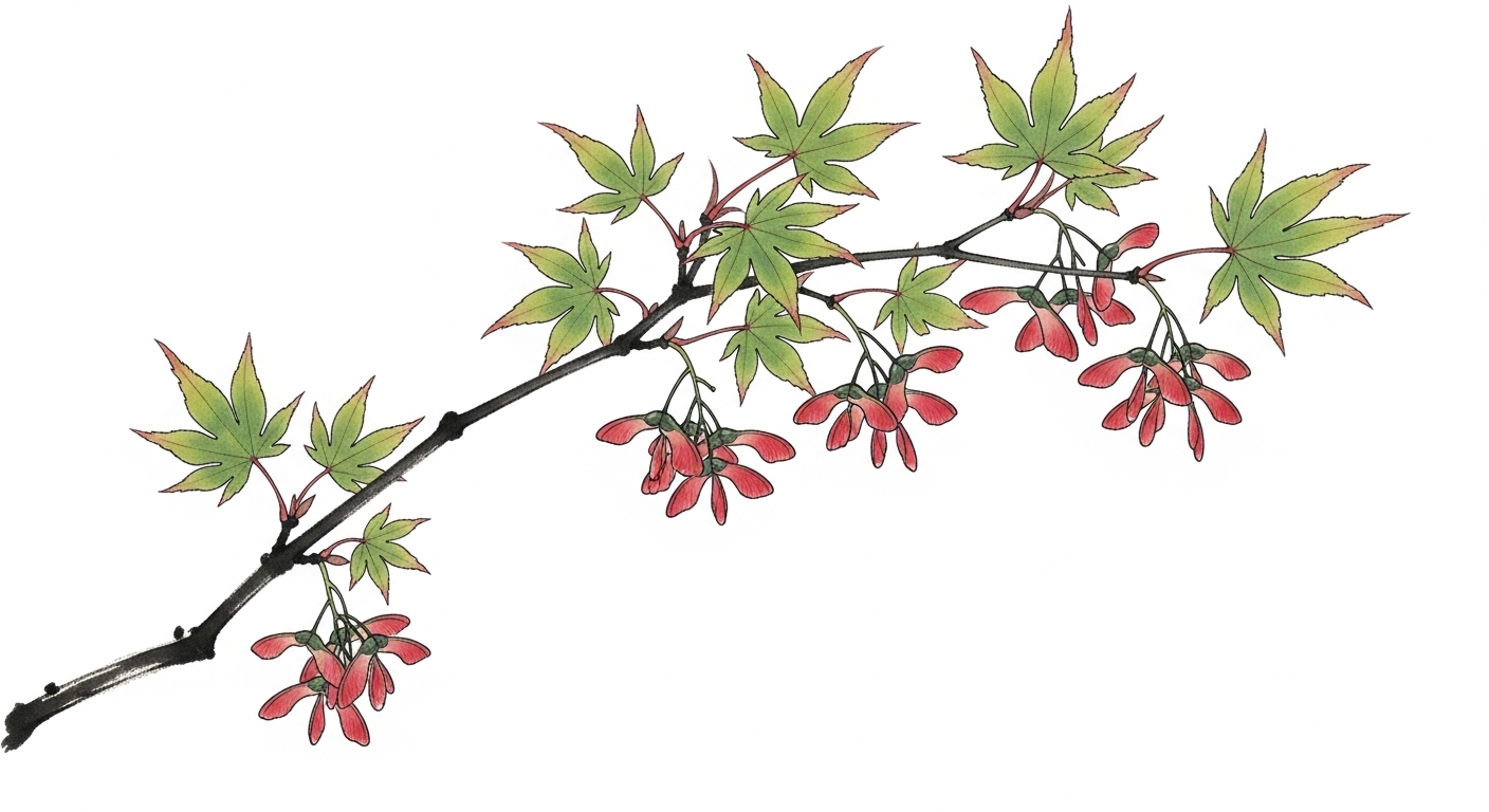 Maple seeds spinning in autumn, Japanese garden, aerodynamic samara