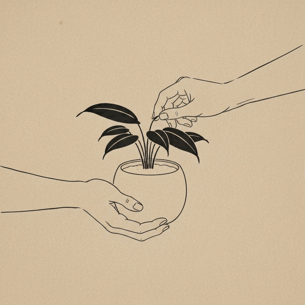 観葉植物を丁寧にケアする手 墨絵イラスト