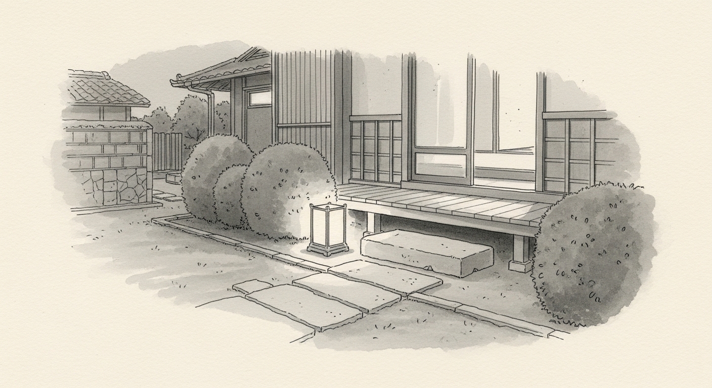 お盆 庭 迎え火 玄関 墨絵