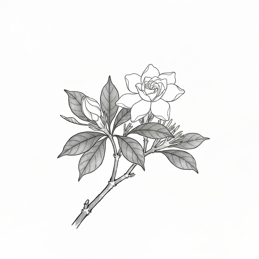 クチナシの花と葉 墨絵