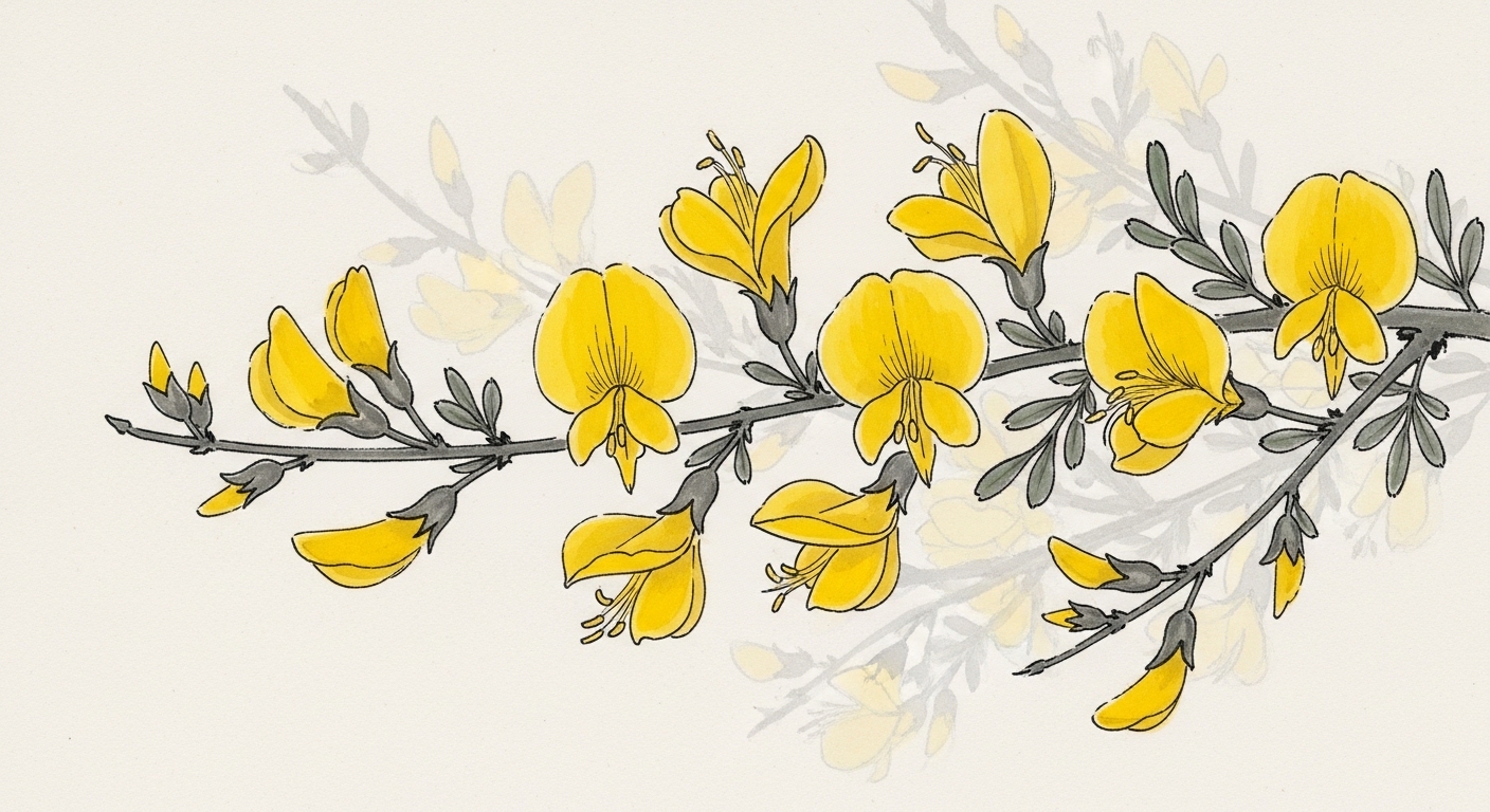 エニシダの枝に蝶形花(黄色い豆形の花)が並ぶ様子のクローズアップ墨絵イラスト