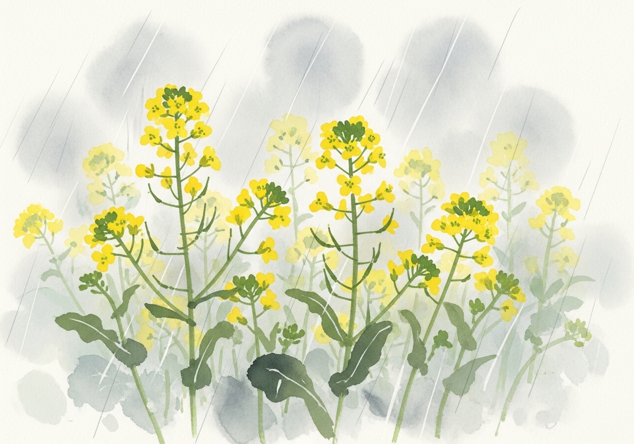 春雨に濡れる菜の花（ナノハナ）の水墨画。細い茎と黄色の花房が霞む雨中に揺れる情景